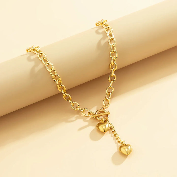 Bold Chunky Chain Link Dual Heart Lariat Necklace & Bracelet