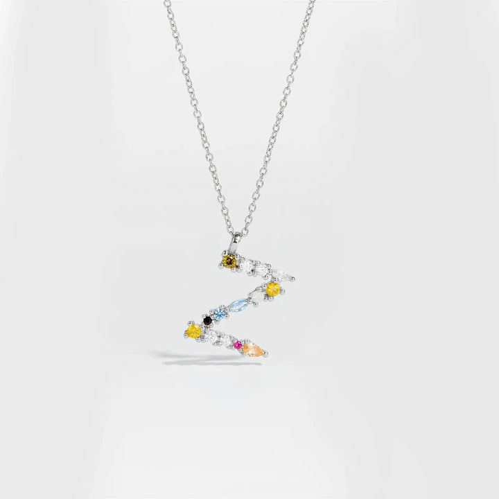 Colorful Crystal Initial Letter 925 Sterling Silver Necklace