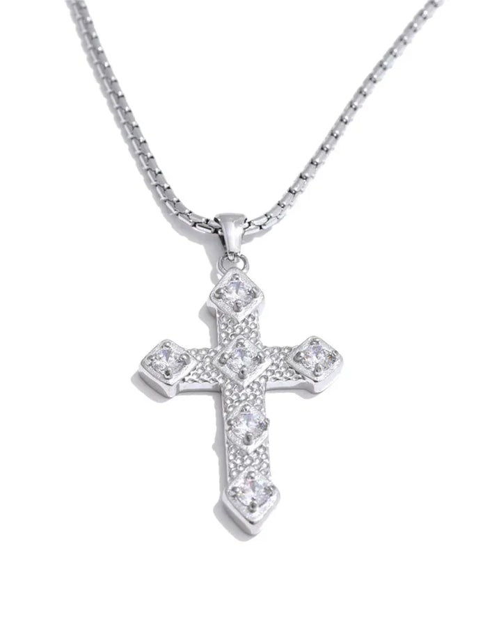 Textured Cross Necklace with Inset Zircons (Gold Plated)