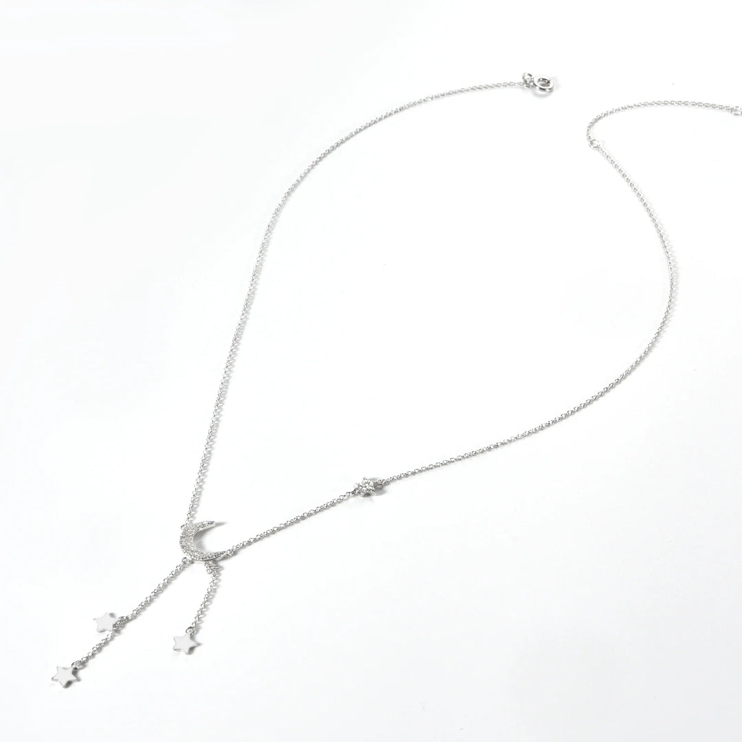 Moon & Stars Drop 925 Sterling Silver Necklace  Dainty Celestial Pendant