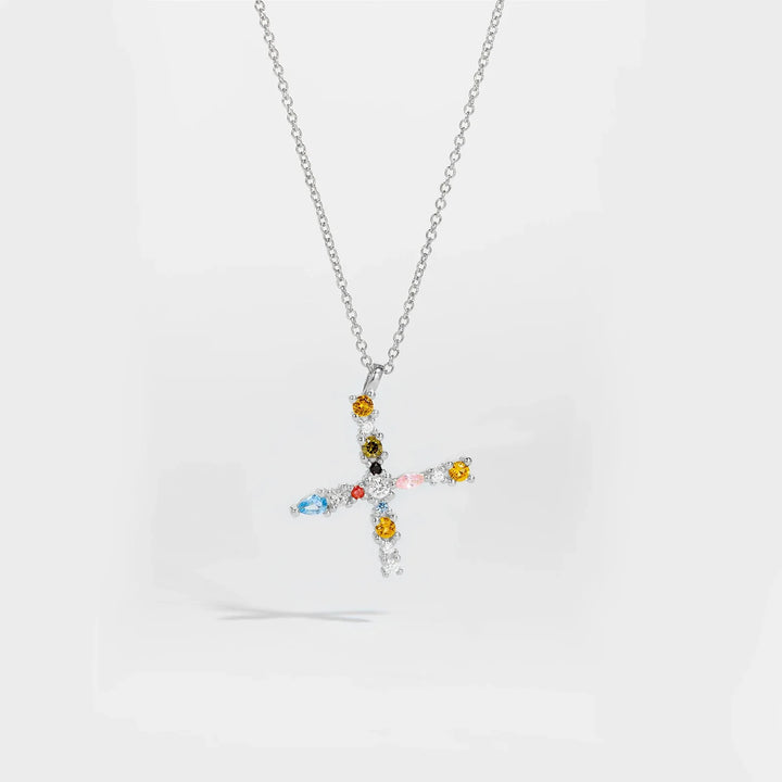 Colorful Crystal Initial Letter 925 Sterling Silver Necklace