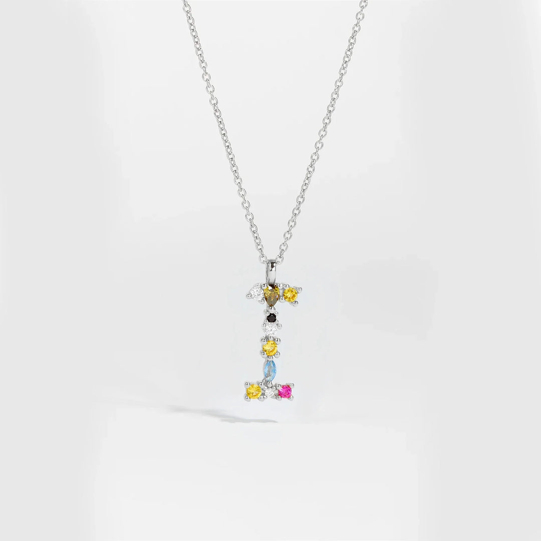 Colorful Crystal Initial Letter 925 Sterling Silver Necklace