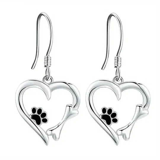 Yaritza – Silver Paw & Heart Drop Earrings