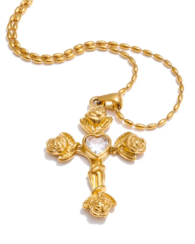 Necklace with Rose Cross and Heart (Gold Plated)