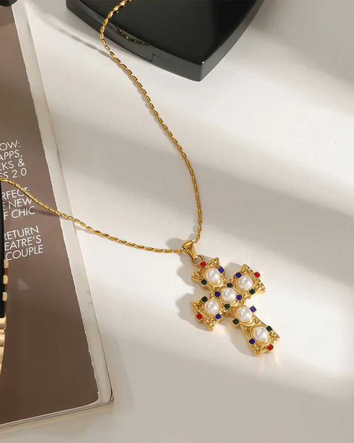 Ornamental Cross Necklace with Colored Gemstones and Pearls (Gold Plated)