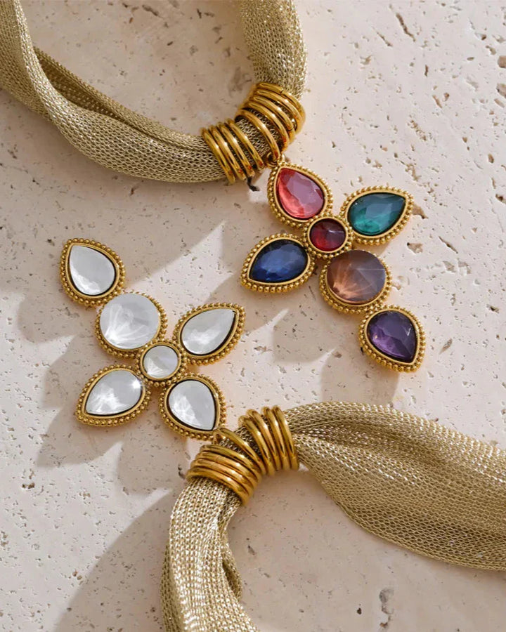 Golden Scarf Style Necklace with Stone Cross (Gold Plated)