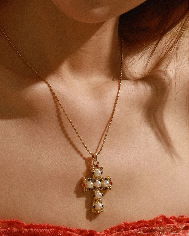 Ornamental Cross Necklace with Colored Gemstones and Pearls (Gold Plated)