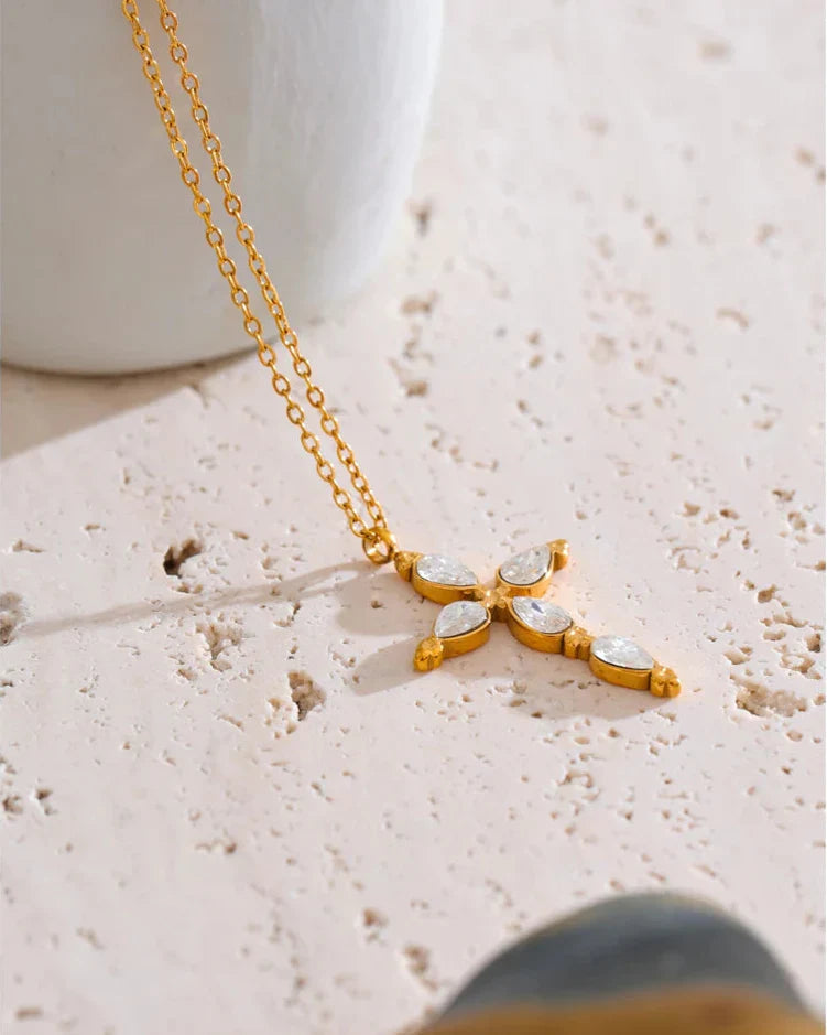 Classic Cross Necklace with Drop Crystals (18K Gold Plated)