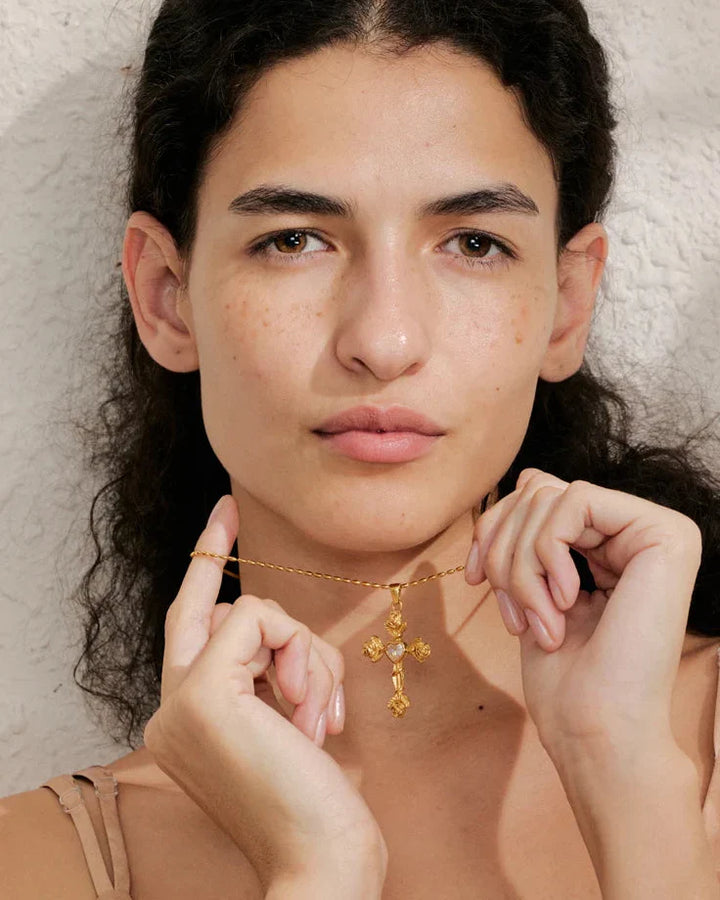 Necklace with Rose Cross and Heart (Gold Plated)
