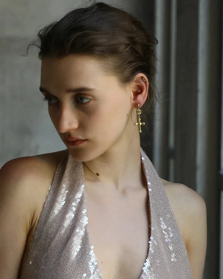 Cross Earring with Sun (Gold Plated)