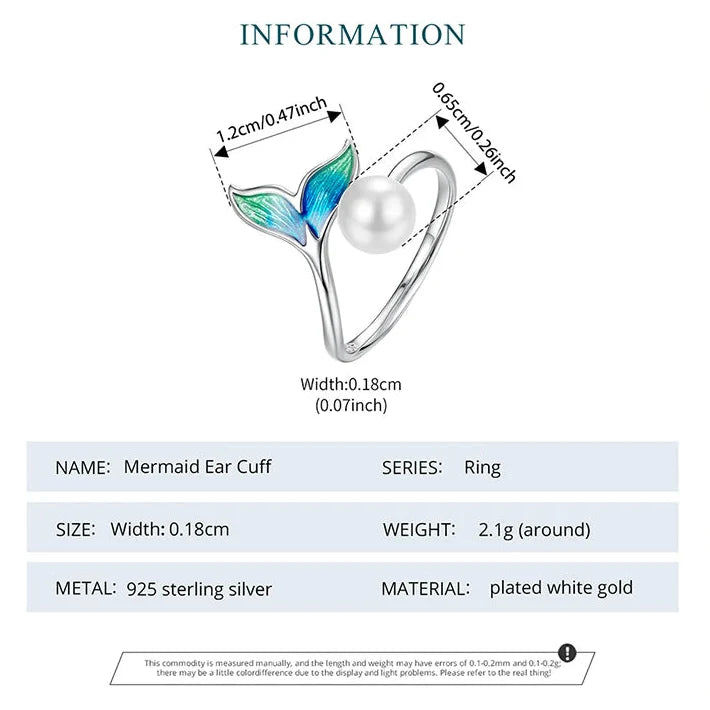 Mermaid Tail Pearl Open Adjustable 925 Sterling Silver Ring