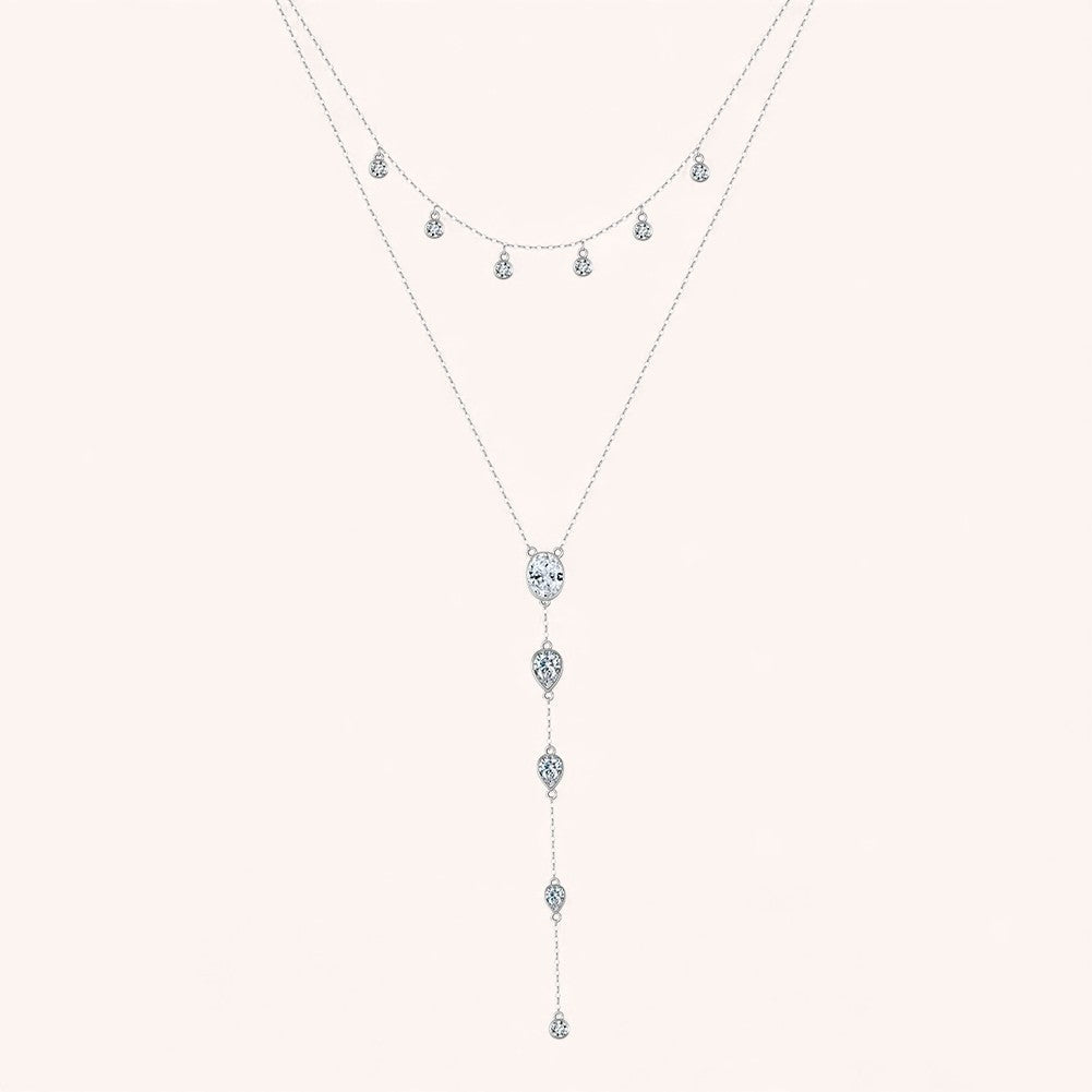 Layered Y Necklace 925 Sterling Silver | Cubic Zirconia Drop Necklace | Elegant Silver & Gold Layered Jewelry
