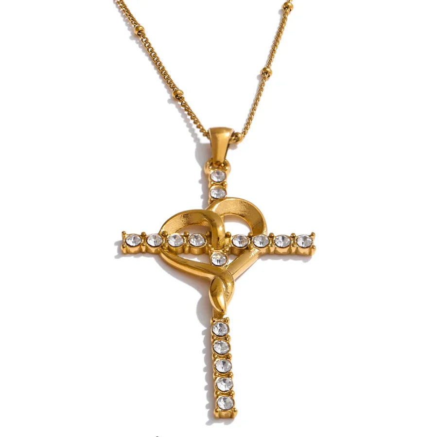Faith Necklace with Cross and Studded Heart (18K Gold Plated)