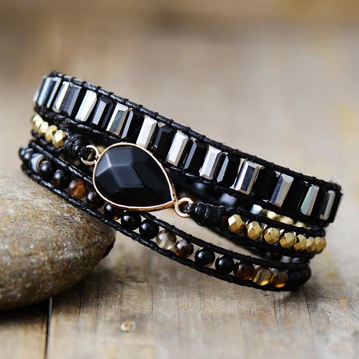 Black Onyx Teardrop Charm Wrap Bracelet