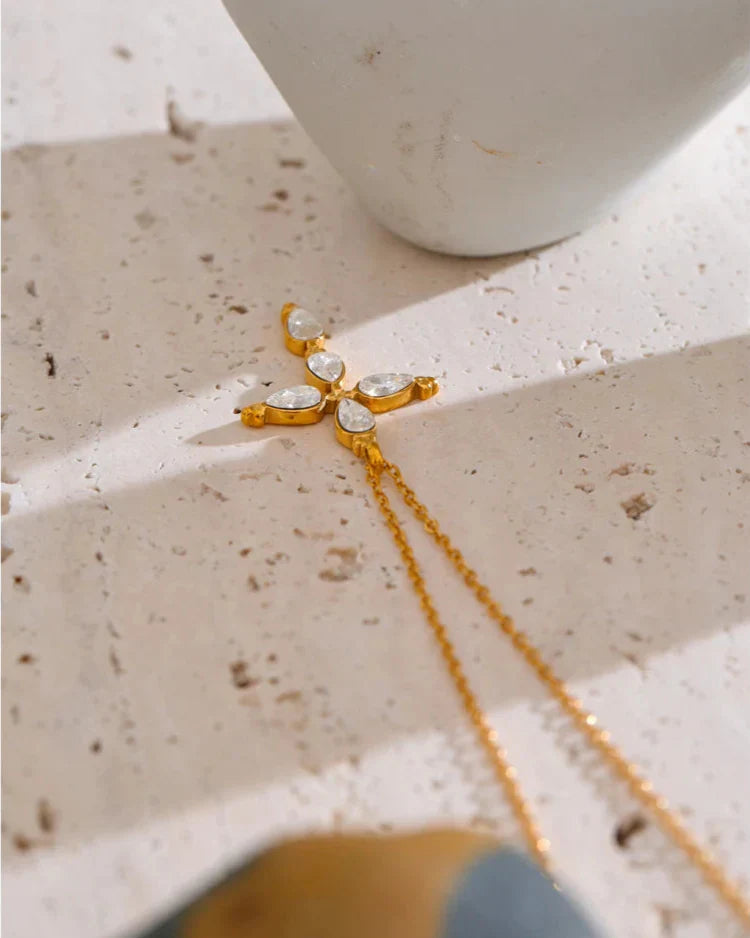 Classic Cross Necklace with Drop Crystals (18K Gold Plated)