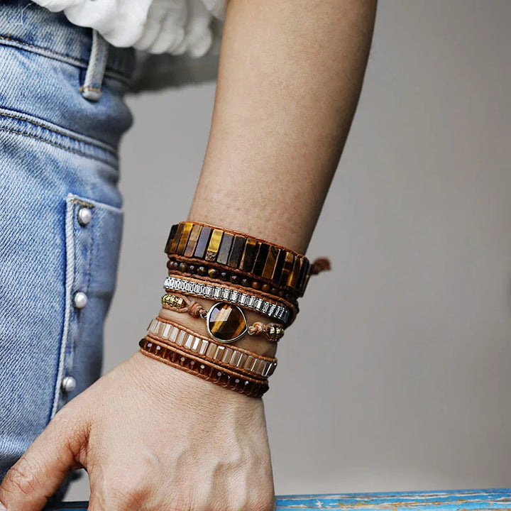Tiger's Eye Teardrop Charm Beaded Wrap Bracelet