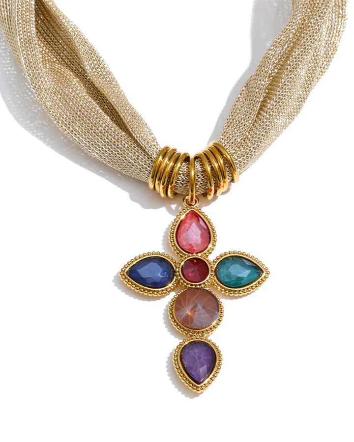 Golden Scarf Style Necklace with Stone Cross (Gold Plated)