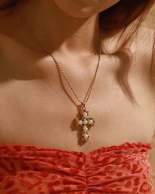 Ornamental Cross Necklace with Colored Gemstones and Pearls (Gold Plated)
