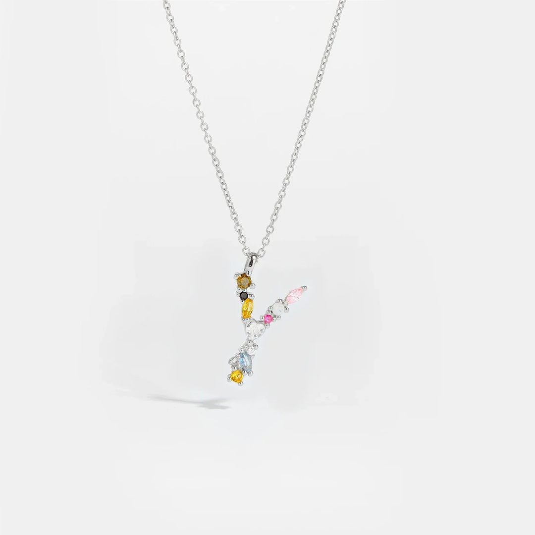 Colorful Crystal Initial Letter 925 Sterling Silver Necklace