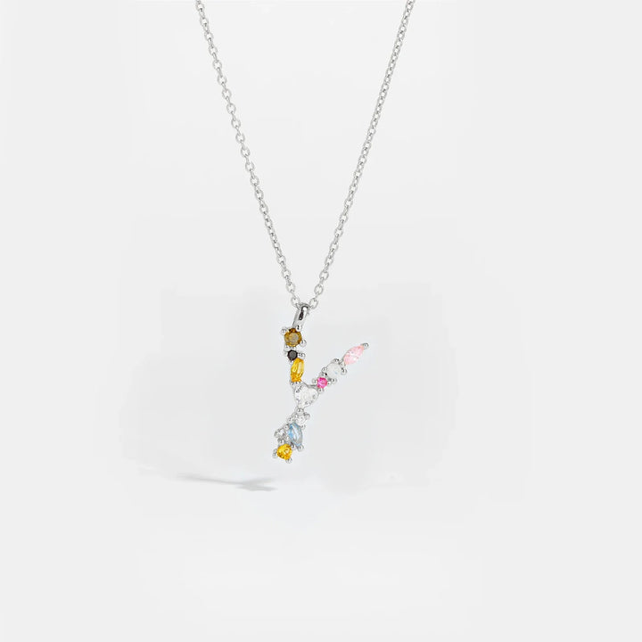 Colorful Crystal Initial Letter 925 Sterling Silver Necklace