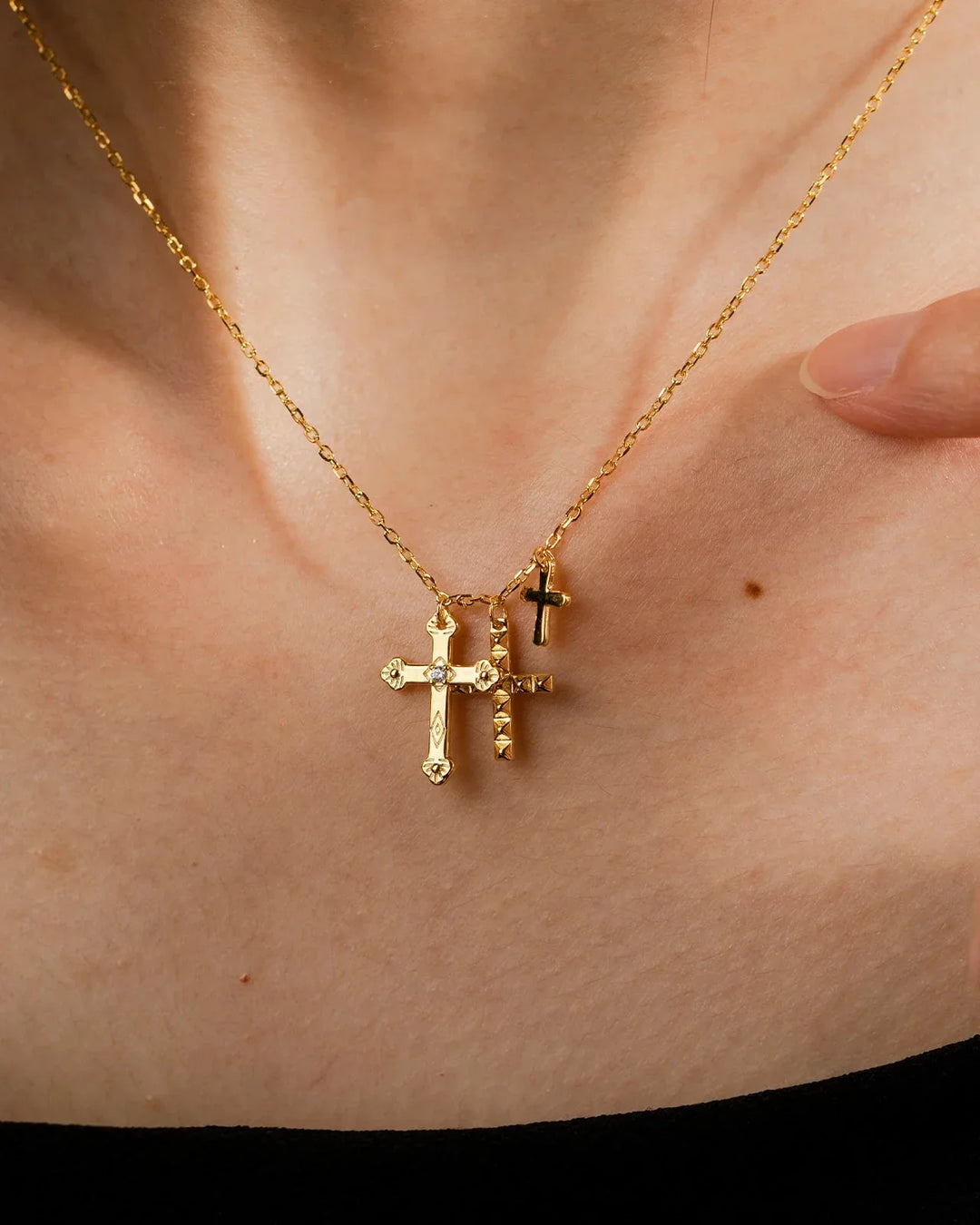 Necklace with Three Cross-Shaped Pendants (Gold Plated)