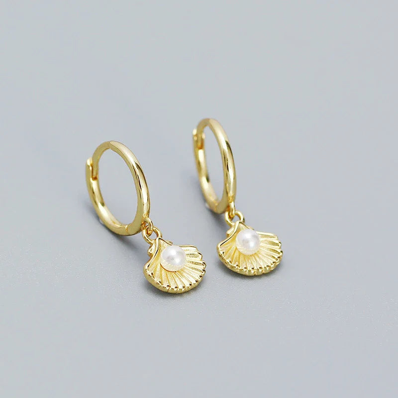 Shell Pearl Huggie Earrings – 925 Sterling Silver