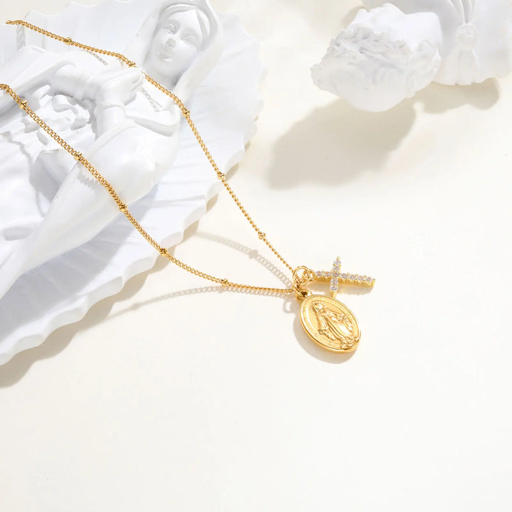 Necklace with Miraculous Medal and Paved Cross (18K Gold Plated)