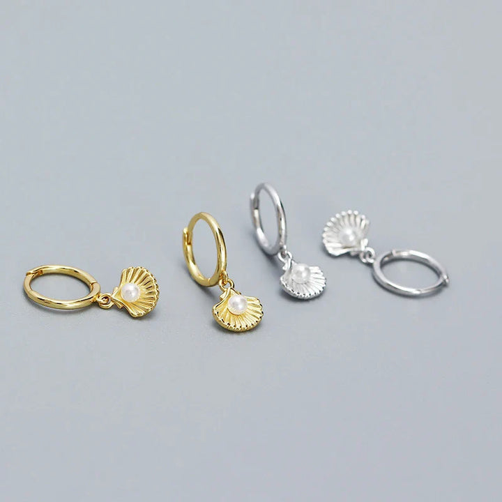Shell Pearl Huggie Earrings – 925 Sterling Silver