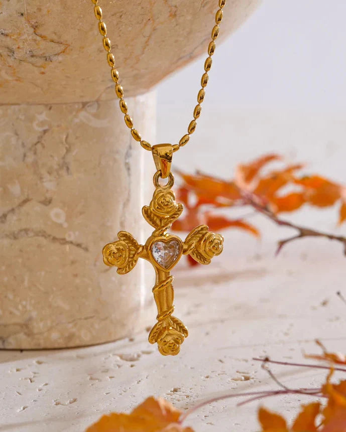 Necklace with Rose Cross and Heart (Gold Plated)