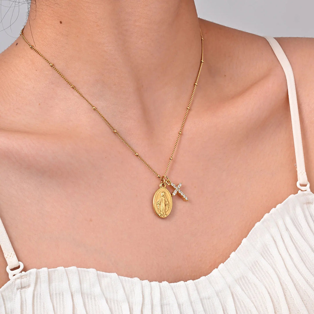 Necklace with Miraculous Medal and Paved Cross (18K Gold Plated)