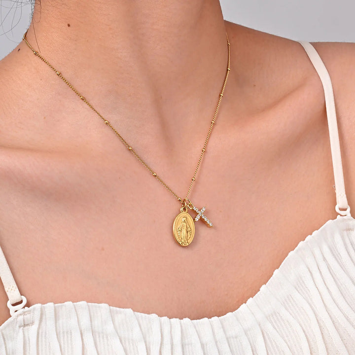 Necklace with Miraculous Medal and Paved Cross (18K Gold Plated)