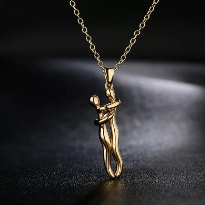 Necklace with Embracing Couple in 18 Karat Gold-Plated Stainless Steel and Copper