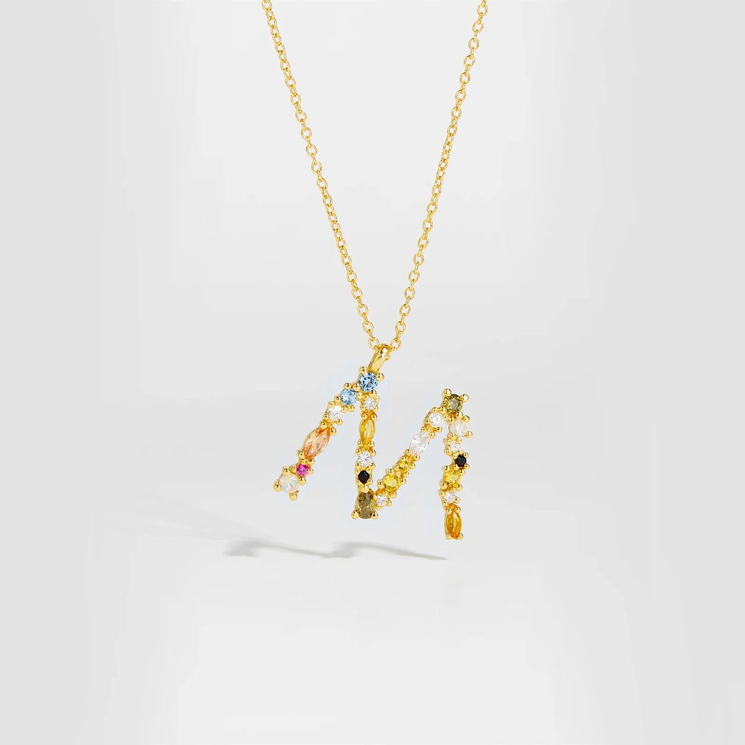 Colorful Crystal Initial Letter 925 Sterling Silver Necklace