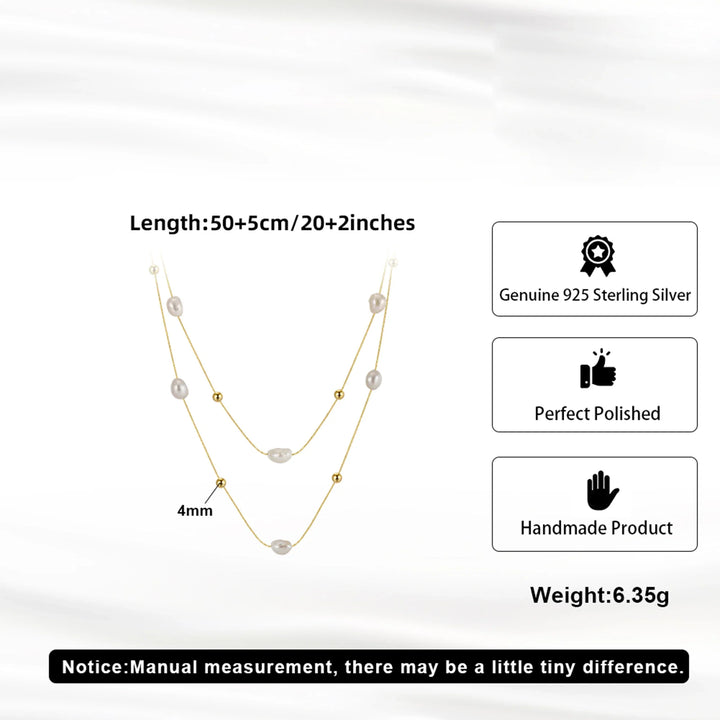 Layered Freshwater Pearl 925 Sterling Silver Necklace 14k Gold Plate