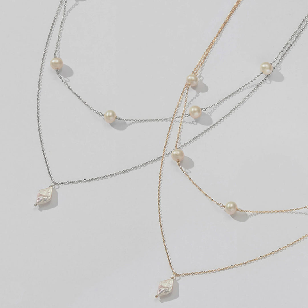 Elegant Freshwater Pearl Double Layered  925 Sterling Silver Necklace