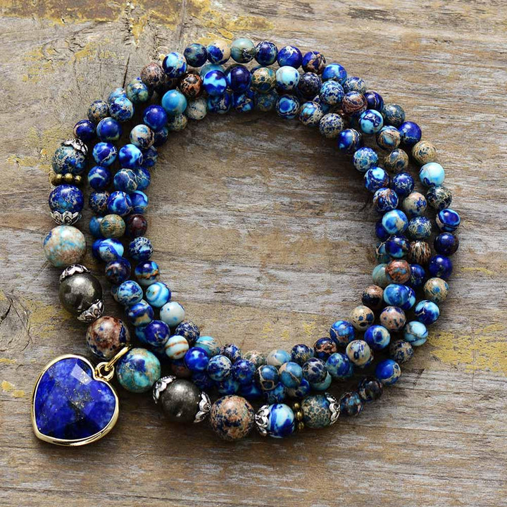 Jasper & Lapis Lazuli Heart Charm Wrap Bracelet–Necklace