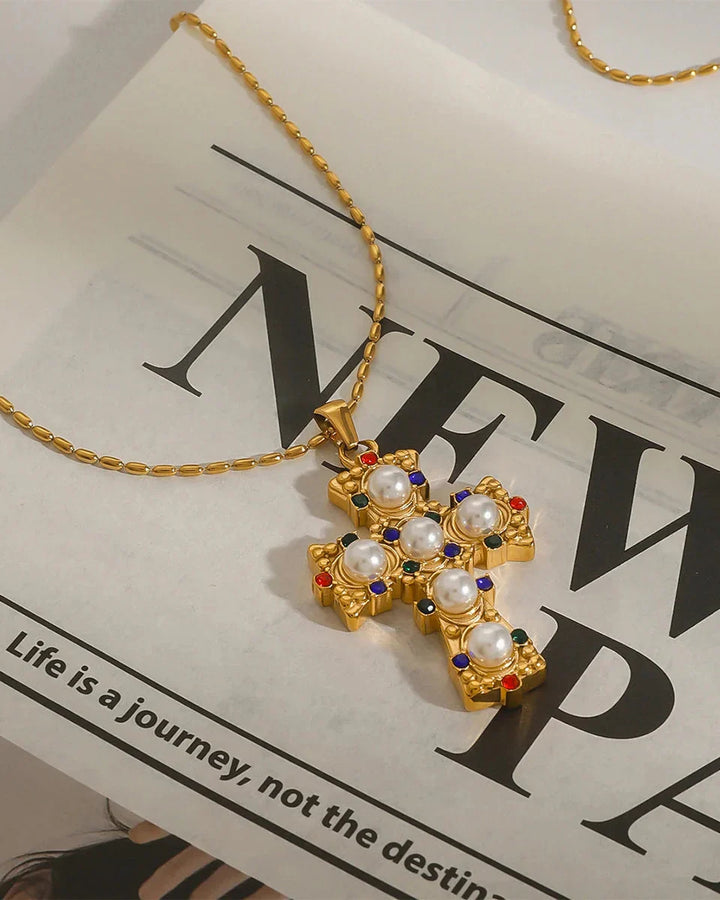 Ornamental Cross Necklace with Colored Gemstones and Pearls (Gold Plated)