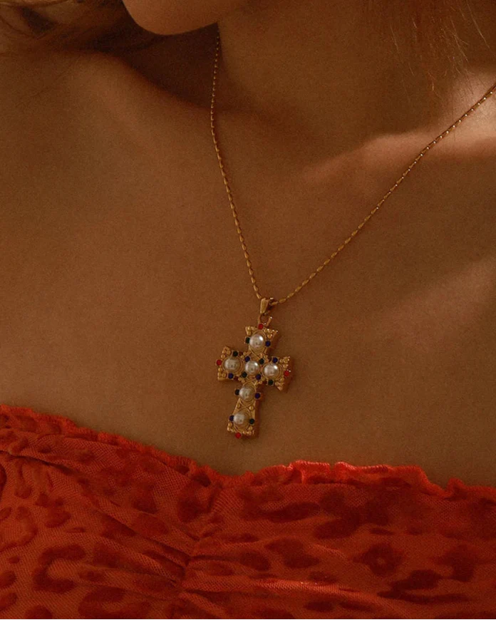 Ornamental Cross Necklace with Colored Gemstones and Pearls (Gold Plated)