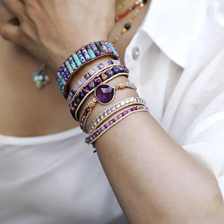 Amethyst Teardrop Charm Beaded Wrap Bracelet
