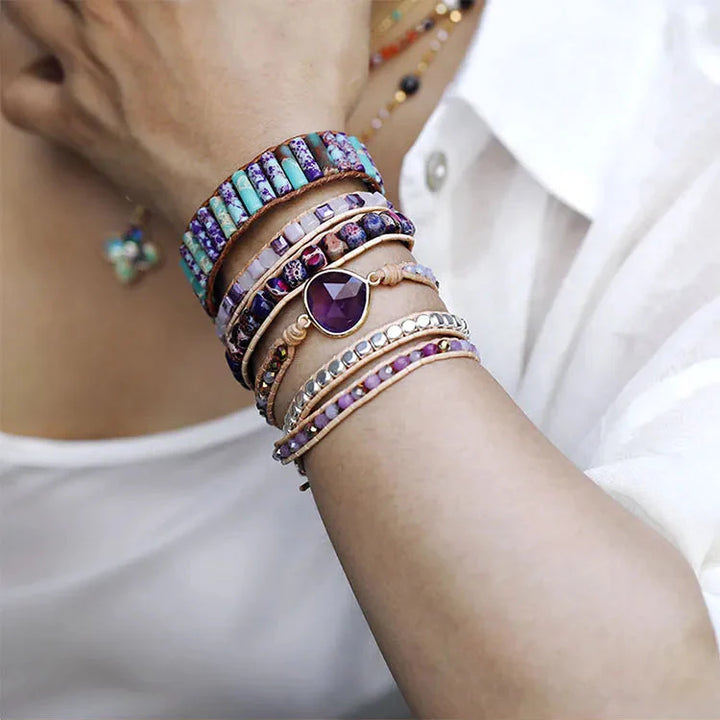 Amethyst Teardrop Charm Beaded Wrap Bracelet