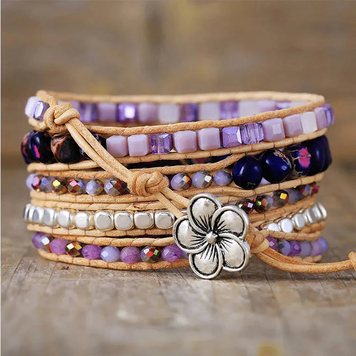 Amethyst Teardrop Charm Beaded Wrap Bracelet