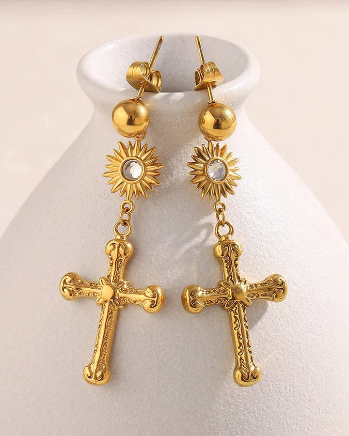 Cross Earring with Sun (Gold Plated)