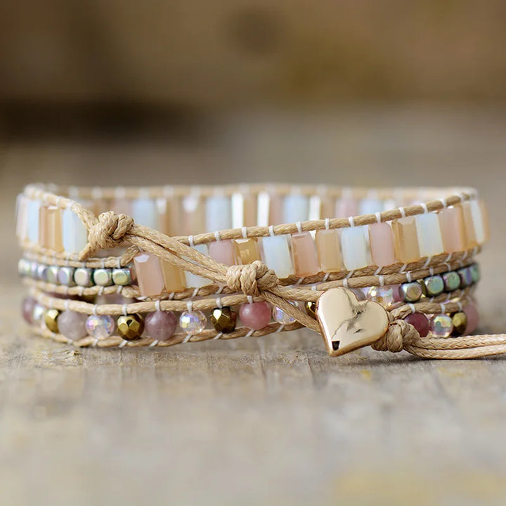 Rose Quartz Teardrop Charm Wrap Bracelet