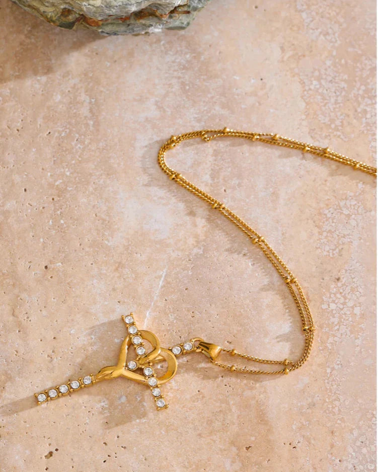 Faith Necklace with Cross and Studded Heart (18K Gold Plated)