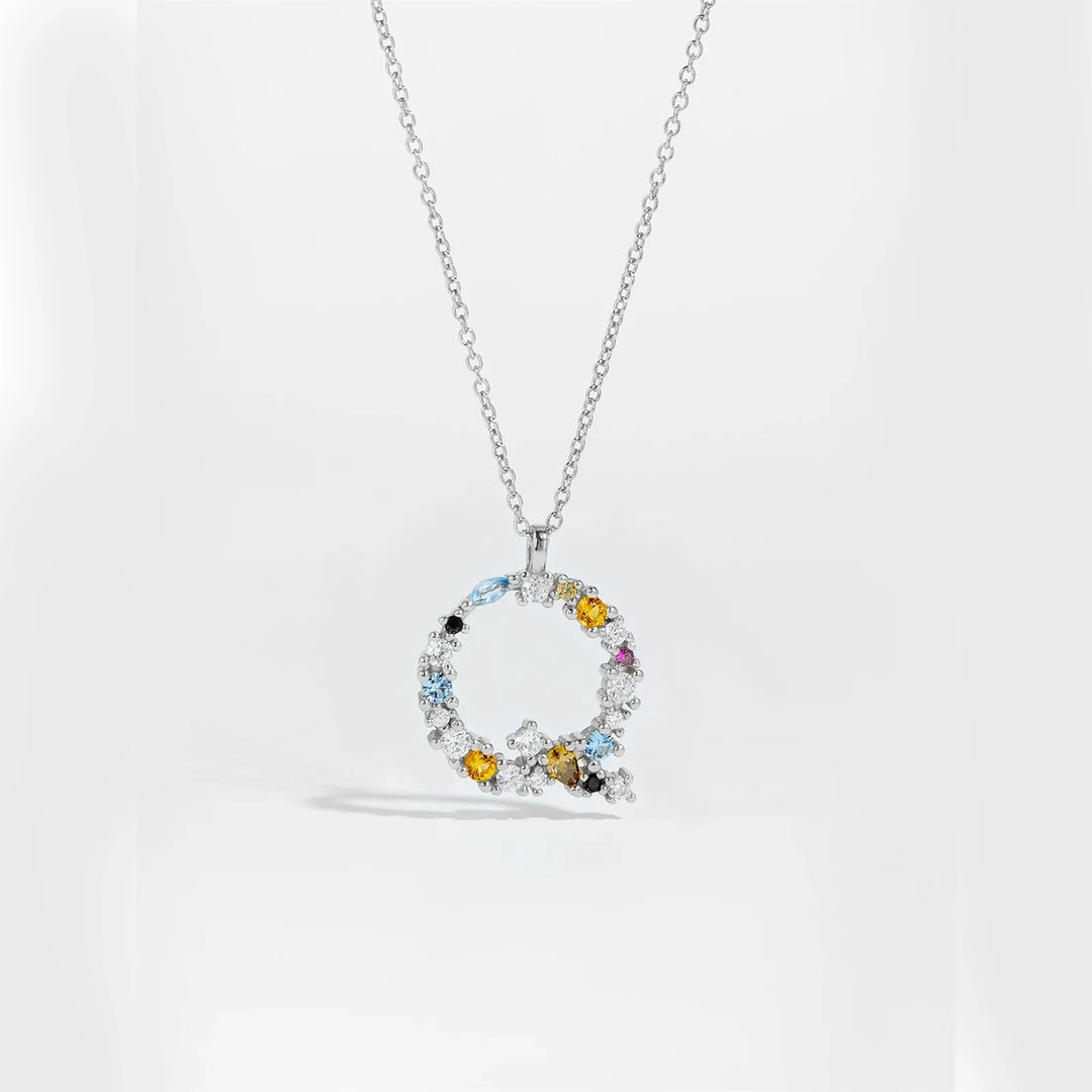 Colorful Crystal Initial Letter 925 Sterling Silver Necklace