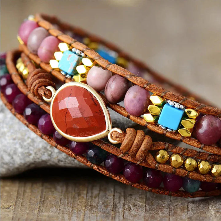 Red Jasper Teardrop Charm Wrap Bracelet