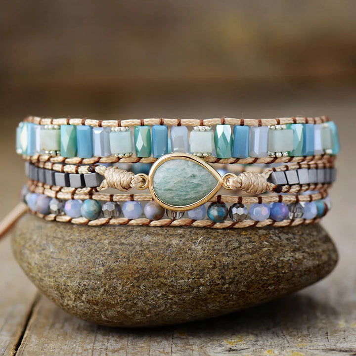 Amazonite Teardrop Charm Wrap Bracelet