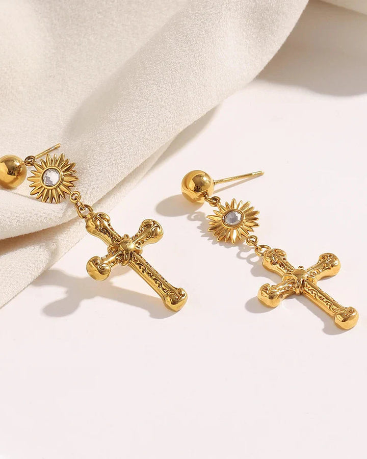 Cross Earring with Sun (Gold Plated)
