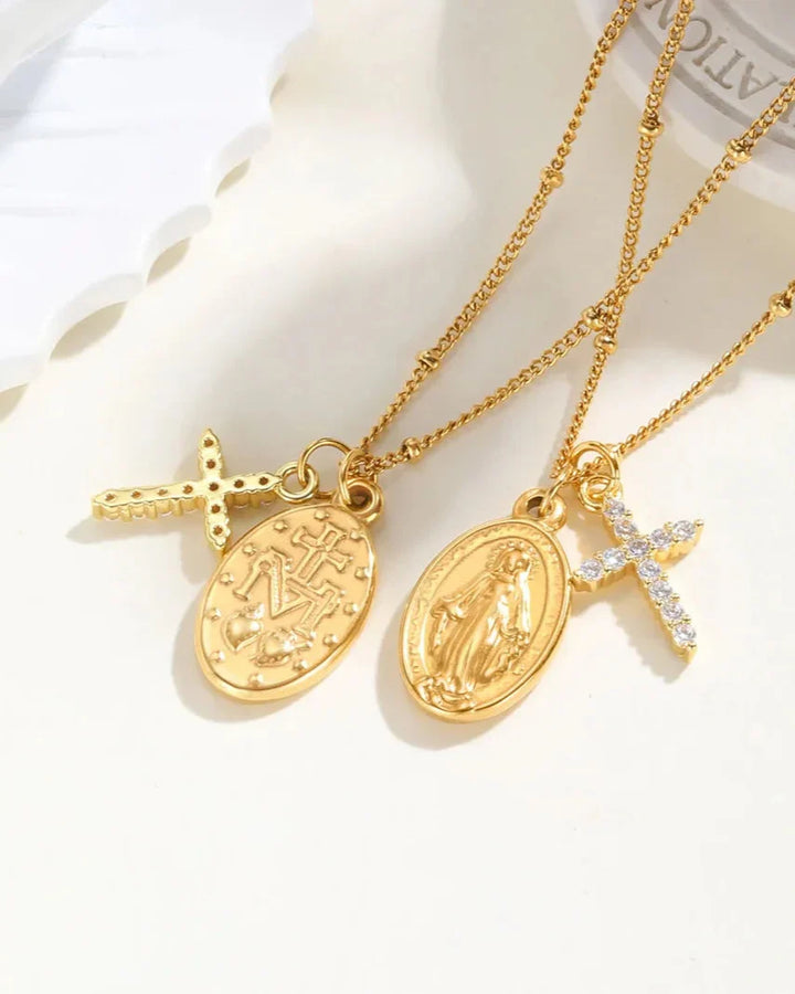 Necklace with Miraculous Medal and Paved Cross (18K Gold Plated)