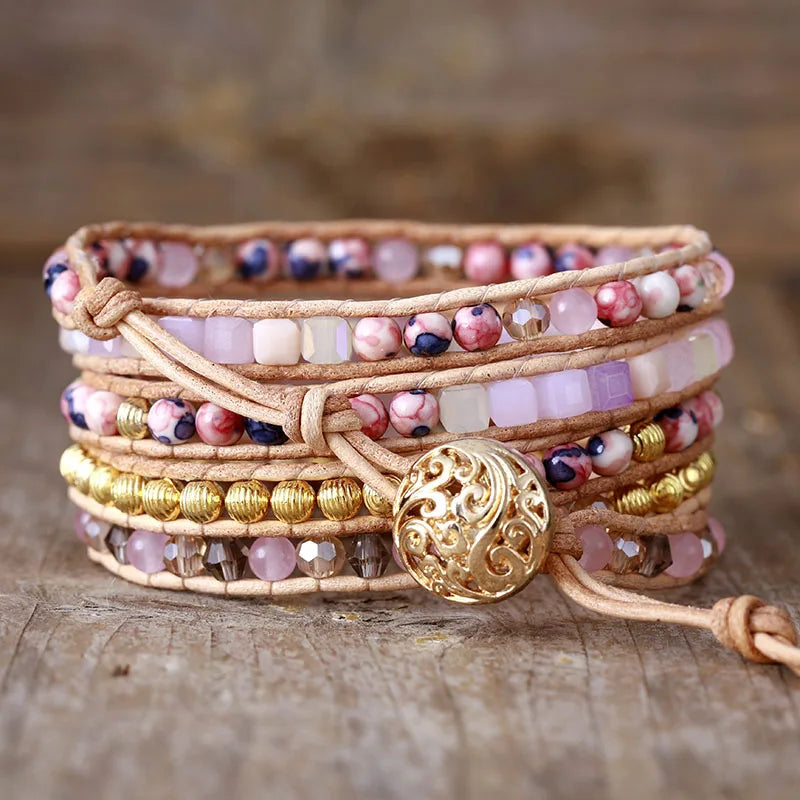 Rose Quartz Teardrop Charm Beaded Wrap Bracelet